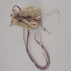 Purple & Cream Small Crochet Necklace Drawstring Pouch Bag